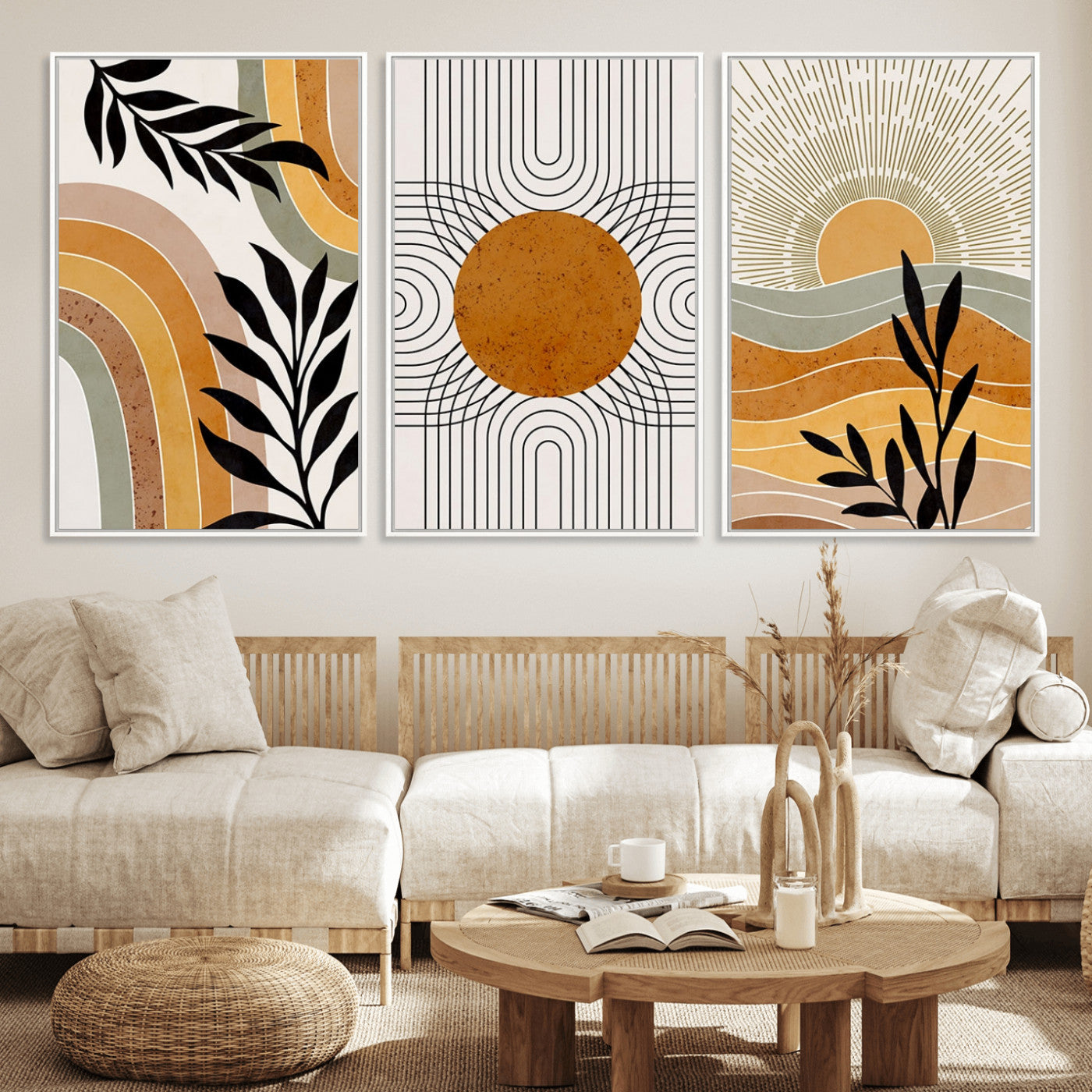 44668-MGV-FC-60X30-3P_White-Mid Century Modern Wall Art – Abstract Sun and Rainbow Canvas Print, Minimalist Geometric Boho Decor for Living Room, Bedroom or