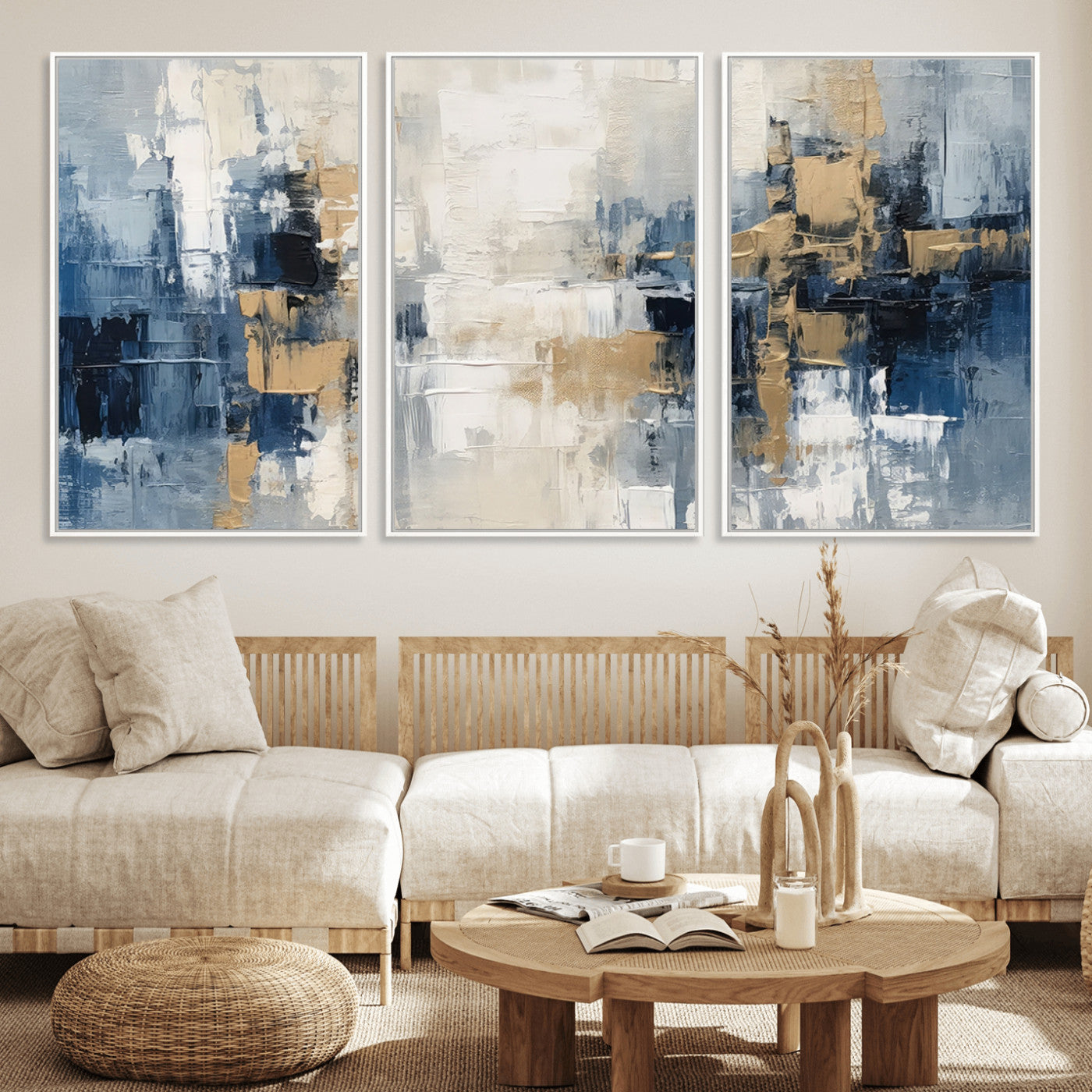 44344-MGV-FC-60X30-3P_White-Abstract Blue and Gold Wall Art – Modern Hand Painted Canvas Print, Contemporary Textured Painting for Living Room, Bedroom or