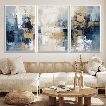 44344-MGV-FC-60X30-3P_White-Abstract Blue and Gold Wall Art – Modern Hand Painted Canvas Print, Contemporary Textured Painting for Living Room, Bedroom or