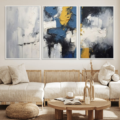 63850-MGV-FC-60X30-3P_White-Abstract Blue and Yellow Wall Art – Modern Textured Canvas Painting, Bold Contemporary Artwork for Living Room, Bedroom or Office