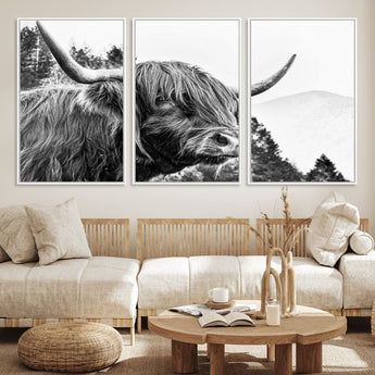 61570-MGV-FC-60X30-3P_White-Highland Cow Wall Art – Black and White Scottish Bull Canvas Print, Rustic Farmhouse Animal Decor for Living Room, Bedroom, or