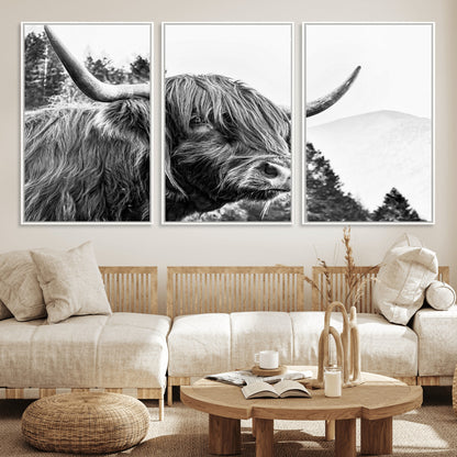 61570-MGV-FC-60X30-3P_White-Highland Cow Wall Art – Black and White Scottish Bull Canvas Print, Rustic Farmhouse Animal Decor for Living Room, Bedroom, or