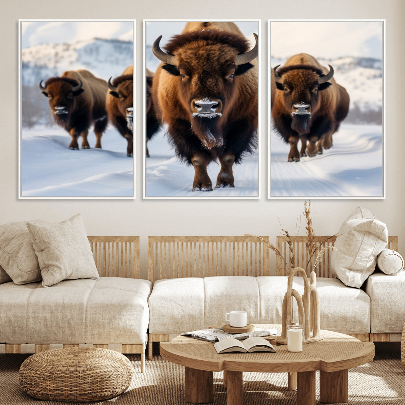 56701-MGV-FC-60X30-3P_White-Bison Herd Wall Art – Buffalo Walking in Snowy Mountains Canvas Print, Rustic Wildlife Decor for Cabin, Lodge, or Living Room