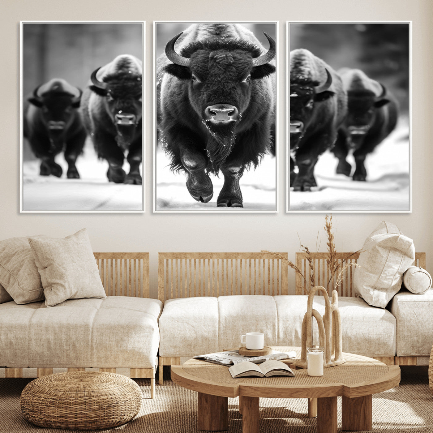 79872-MGV-FC-60X30-3P_White-Bison Herd Wall Art – Black and White Buffalo on Snow Canvas Print, Rustic Wildlife Decor for Lodge, Cabin, or Living Room