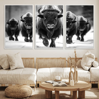 79872-MGV-FC-60X30-3P_White-Bison Herd Wall Art – Black and White Buffalo on Snow Canvas Print, Rustic Wildlife Decor for Lodge, Cabin, or Living Room