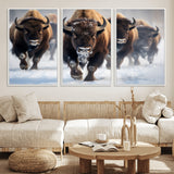 80512-MGV-FC-60X30-3P_White-Bison Herd Wall Art – Buffalo Running in Snow Canvas Print, Rustic Wildlife Photography Decor for Cabin, Lodge, or Living Room