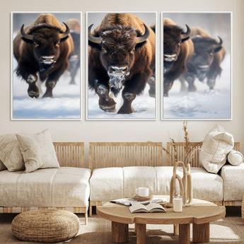 80512-MGV-FC-60X30-3P_White-Bison Herd Wall Art – Buffalo Running in Snow Canvas Print, Rustic Wildlife Photography Decor for Cabin, Lodge, or Living Room