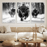 97552-MGV-CV-36X24-Black and White Bison Wall Art – Buffalo Herd Running in Snow Canvas Print, Rustic Wildlife Photography Decor for Cabin, Lodge, or