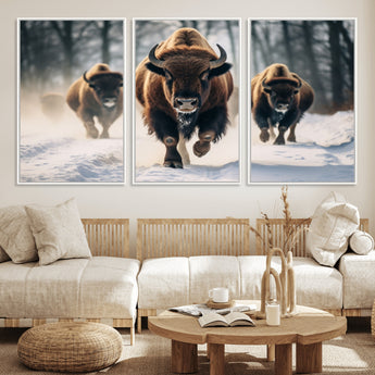 56549-MGV-CV-36X24-Wild Bison Wall Art – Majestic Buffalo Herd Running in Snow Canvas Print, Rustic Wildlife Photography Decor for Cabin, Lodge, or