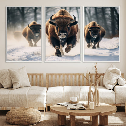 56549-MGV-CV-36X24-Wild Bison Wall Art – Majestic Buffalo Herd Running in Snow Canvas Print, Rustic Wildlife Photography Decor for Cabin, Lodge, or