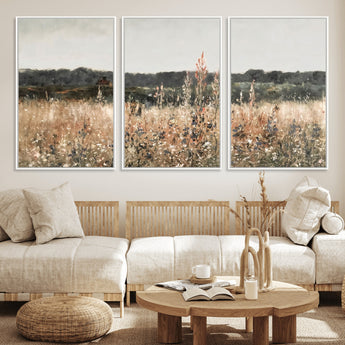 46308-MGV-FC-60X30-3P_White-Wildflower Field Wall Art – Rustic Meadow Landscape Canvas Print, Country Nature Decor for Living Room, Bedroom or Farmhouse