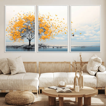 23385-MGV-FC-60X30-3P_White-Golden Butterfly Tree Wall Art – Abstract Yellow and Gray Canvas Print, Modern Nature Artwork for Living Room, Bedroom or Office