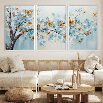 59455-MGV-FC-60X30-3P_White-Butterfly Tree Branch Wall Art – Blue and Yellow Abstract Canvas Print, Modern Nature Artwork for Living Room, Bedroom or Office