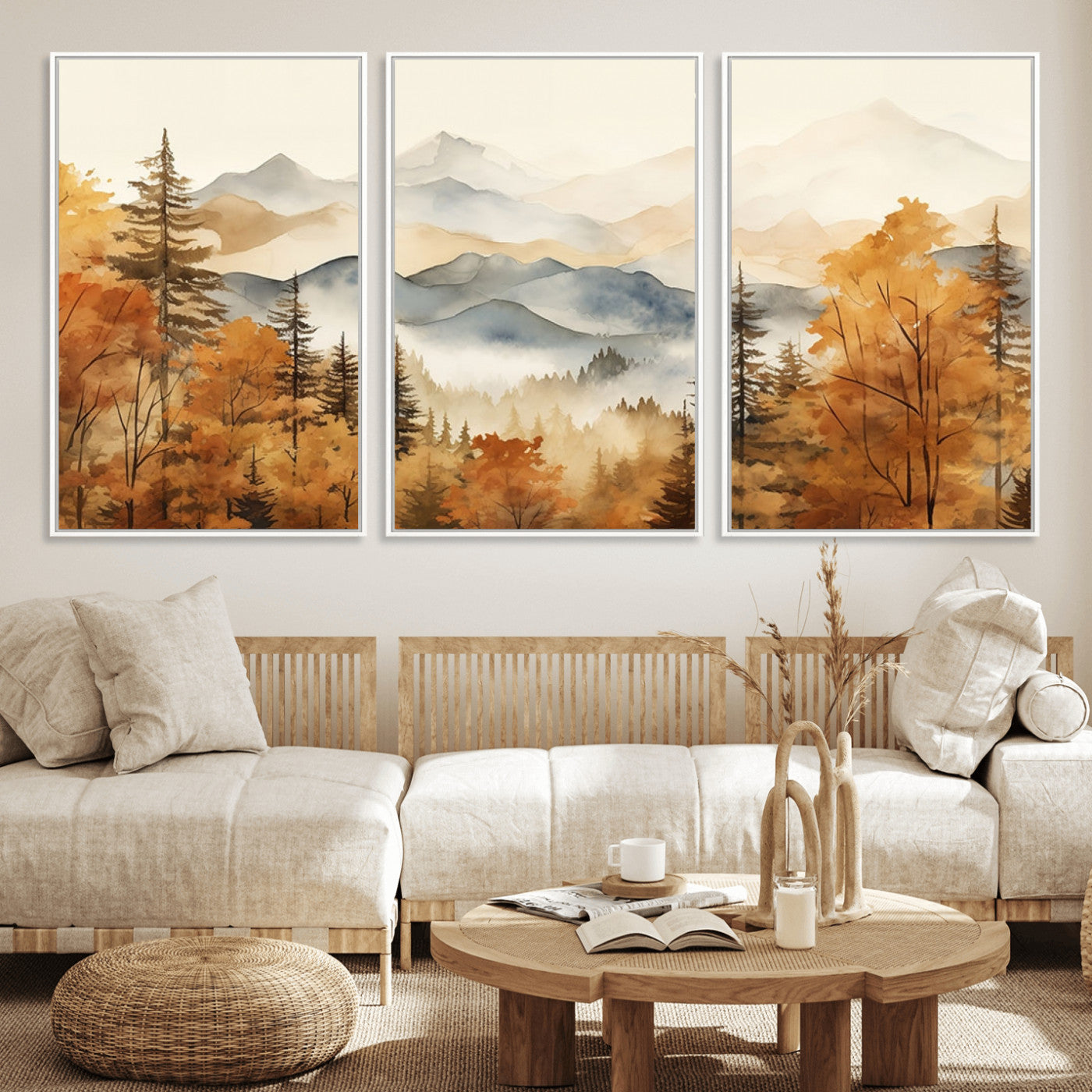 72950-MGV-FC-60X30-3P_White-Autumn Mountain Forest Wall Art – Golden Fall Landscape Canvas Print, Nature-Inspired Home Decor for Living Room, Bedroom or