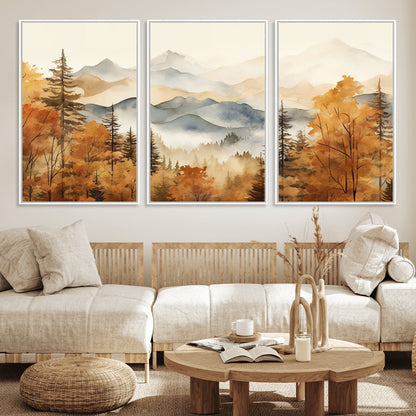 72950-MGV-FC-60X30-3P_White-Autumn Mountain Forest Wall Art – Golden Fall Landscape Canvas Print, Nature-Inspired Home Decor for Living Room, Bedroom or