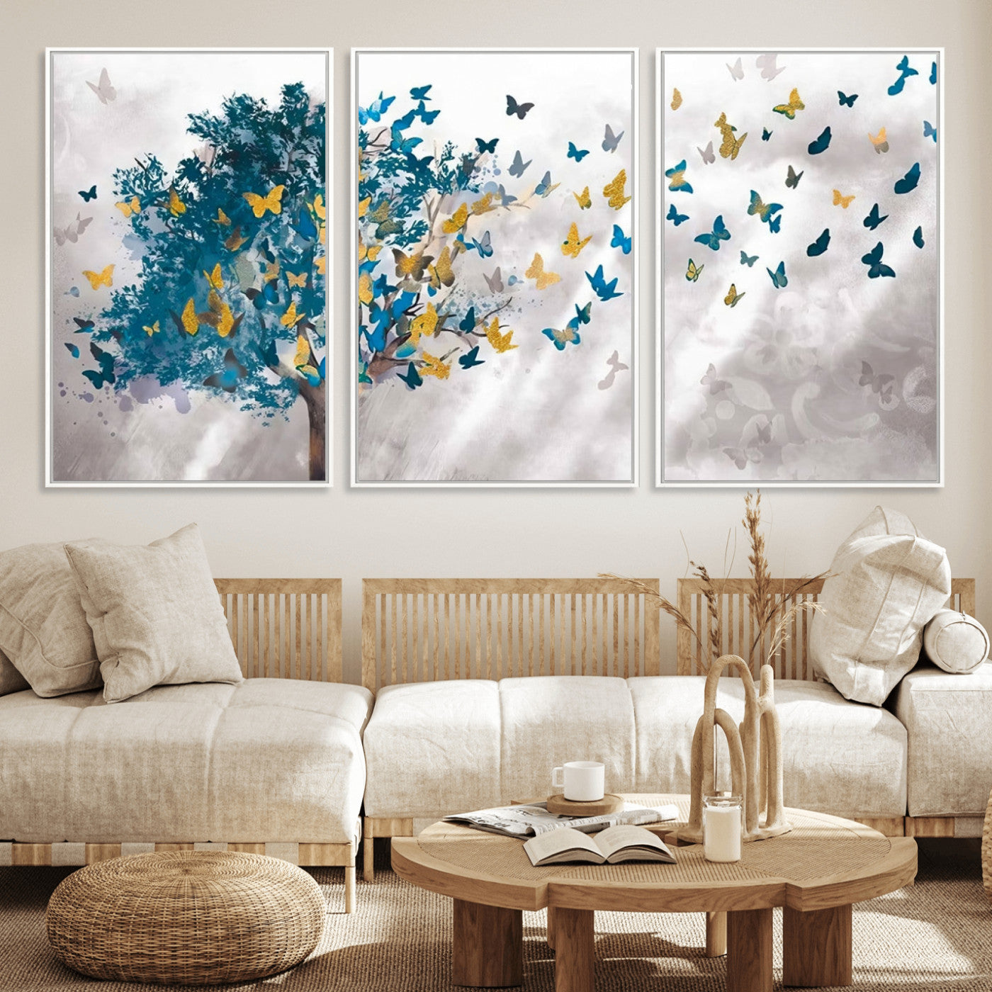 37564-MGV-FC-60X30-3P_White-Butterfly Tree Wall Art – Modern Nature Canvas Print with Blue and Golden Butterflies, Elegant Decorative Painting for Living Room