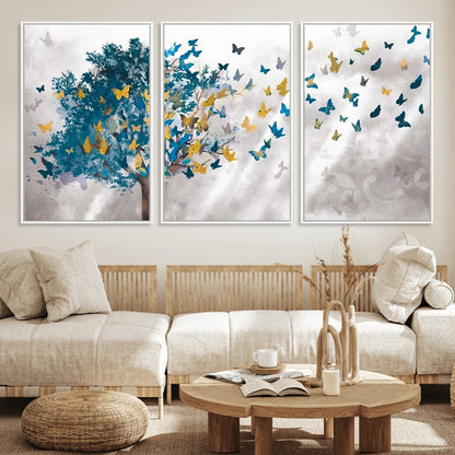 37564-MGV-FC-60X30-3P_White-Butterfly Tree Wall Art – Modern Nature Canvas Print with Blue and Golden Butterflies, Elegant Decorative Painting for Living Room
