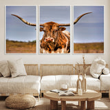 18594-MGV-FC-60X30-3P_White-Texas Longhorn Bull Wall Art – Rustic Western Cattle Canvas Print, Country Farmhouse Decor for Living Room, Office or Cabin