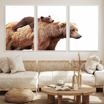 76943-MGV-FC-60X30-3P_White-Mom Bear Wall Art Canvas Print, Framed Bear Photography Art Picture Print, Rustic Bear and Cub Perfect Rustic Farmhouse Decor