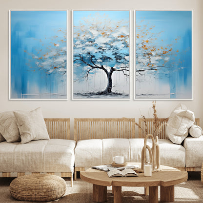 25021-MGV-FC-60X30-3P_White-Abstract Tree Wall Art – Blue and White Canvas Painting with Gold Accents, Modern Nature-Inspired Artwork for Living Room, Bedroom