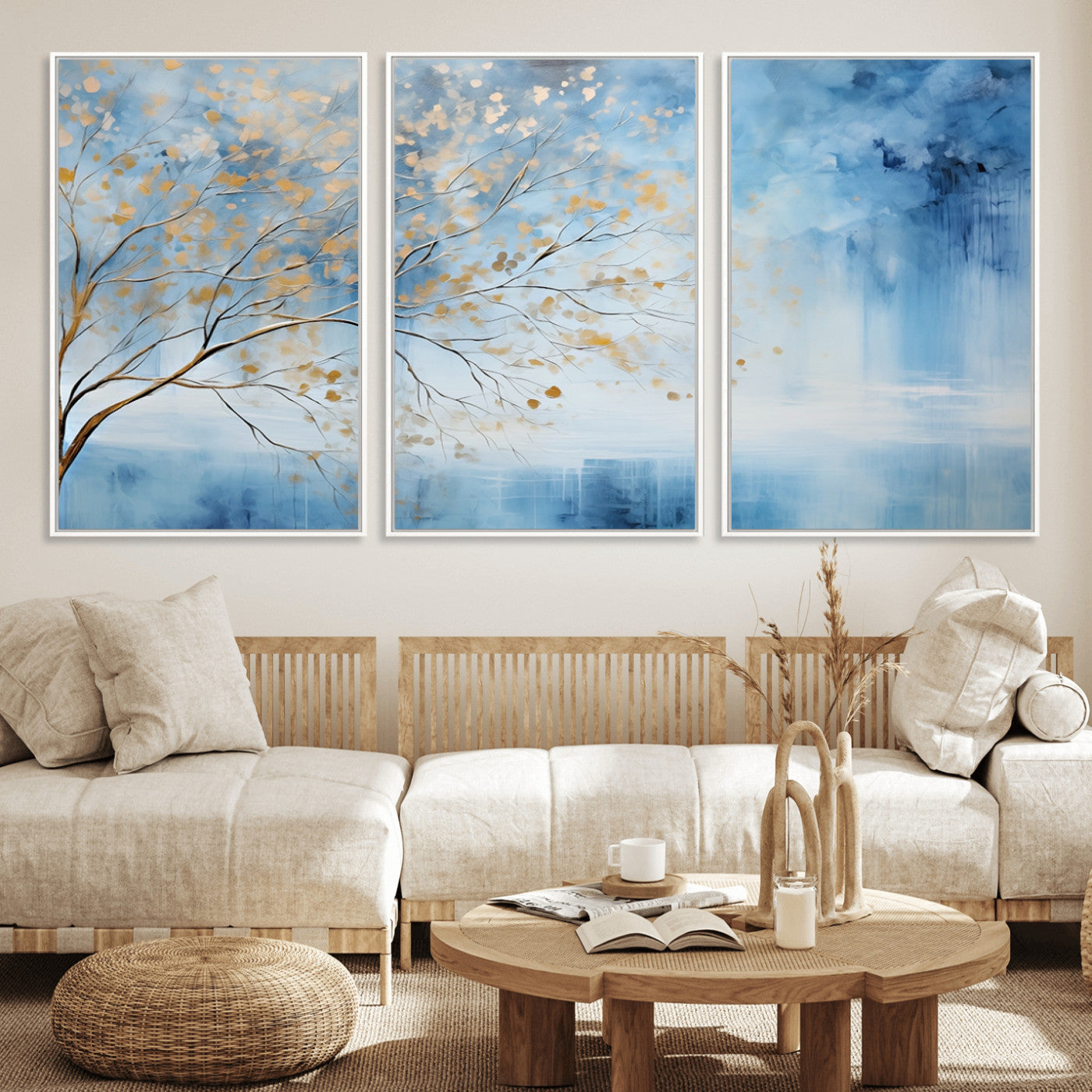23891-MGV-FC-60X30-3P_White-Abstract Tree Wall Art – Minimalist Blue and Gold Canvas Painting, Elegant Nature-Inspired Artwork for Living Room, Bedroom or