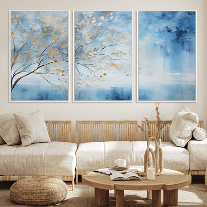 23891-MGV-FC-60X30-3P_White-Abstract Tree Wall Art – Minimalist Blue and Gold Canvas Painting, Elegant Nature-Inspired Artwork for Living Room, Bedroom or