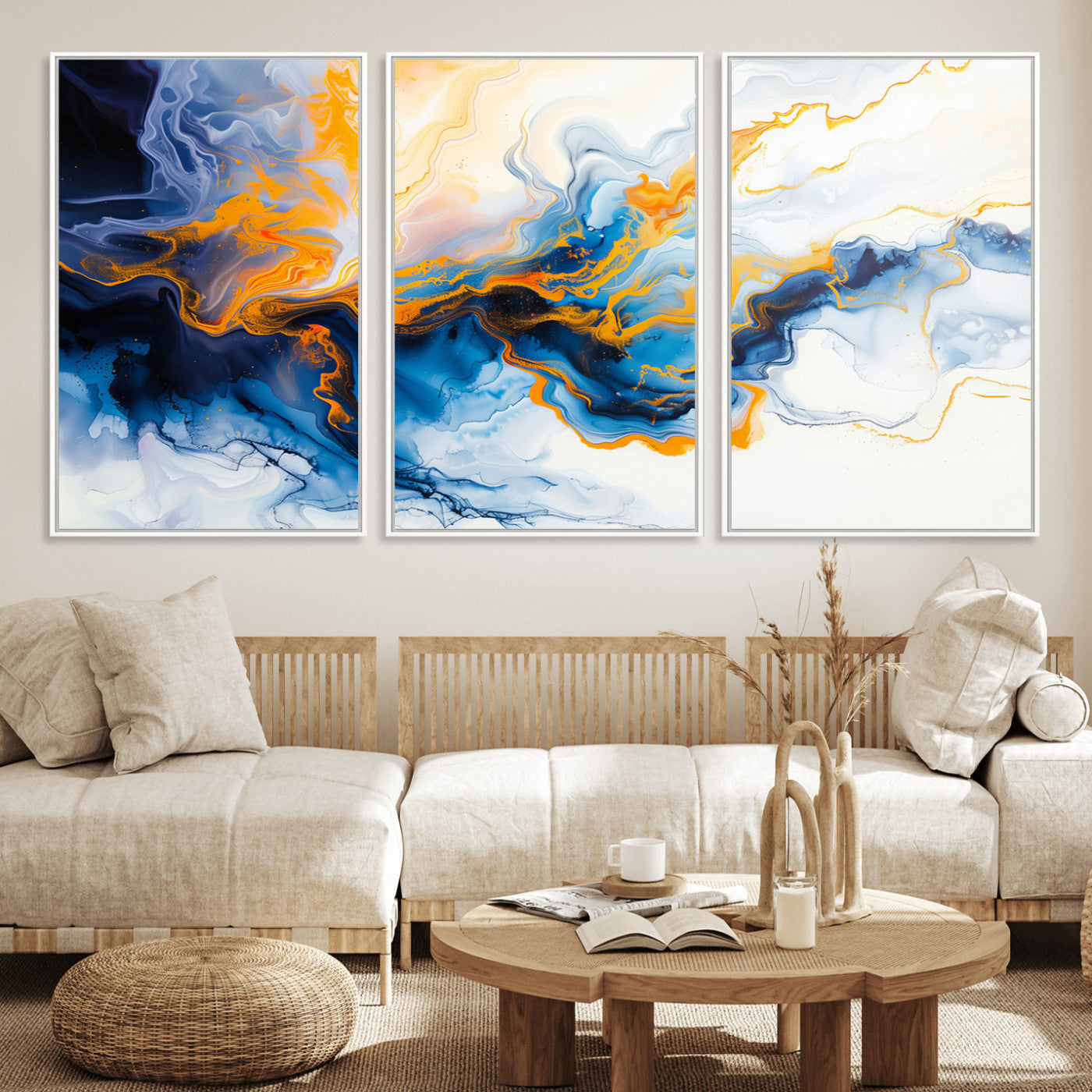 83720-MGV-CV-36X24-Abstract Fluid Wall Art – Blue, White and Gold Swirl Canvas Painting, Modern Contemporary Artwork for Living Room, Bedroom or