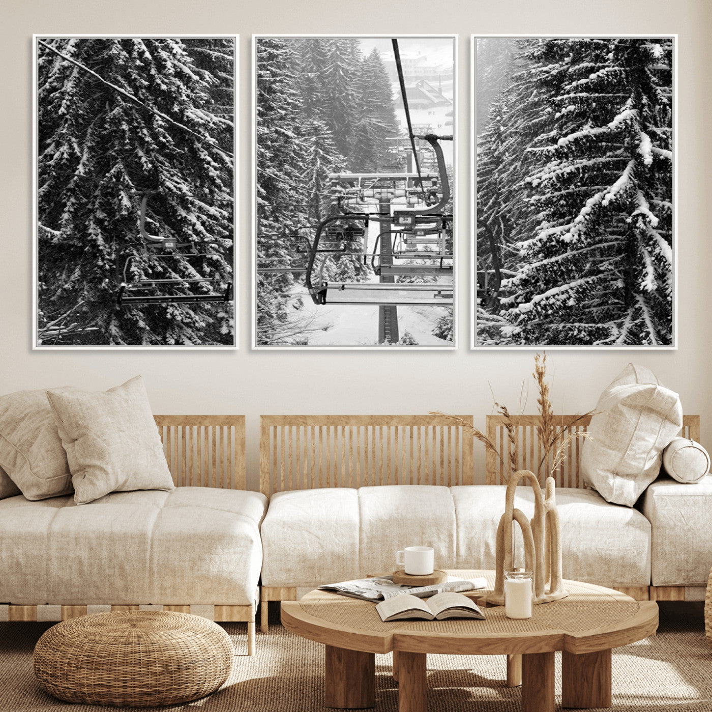 19240-MGV-FC-60X30-3P_White-Ski Lift Wall Art – Black and White Winter Mountain Canvas Print, Snowy Forest Ski Resort Photography for Cabin, Lodge, Office or