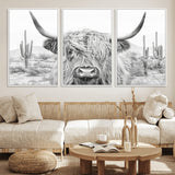 94579-MGV-FC-60X30-3P_White-Highland Cow Wall Art – Black and White Longhorn Canvas Print, Rustic Western Farmhouse Animal Photography for Living Room,