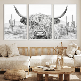 94579-MGV-FC-60X30-3P_White-Highland Cow Wall Art – Black and White Longhorn Canvas Print, Rustic Western Farmhouse Animal Photography for Living Room,