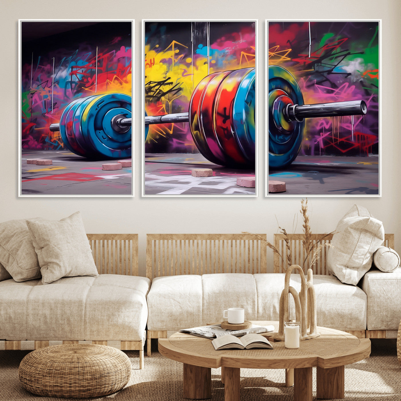 13549-MGV-FC-60X30-3P_White-Graffiti Gym Wall Art Canvas Print, Framed Graffiti Barbell Art Picture Print, Weightlifting Perfect Fitness Studio Decor Artwork