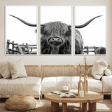 58188-MGV-FC-60X30-3P_White-Highland Cow Wall Art – Black and White Rustic Farmhouse Canvas Print, Longhorn Cattle Photography Decor for Living Room or