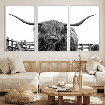 58188-MGV-FC-60X30-3P_White-Highland Cow Wall Art – Black and White Rustic Farmhouse Canvas Print, Longhorn Cattle Photography Decor for Living Room or