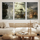 26512-MGV-FC-60X30-3P_White-Naval Battle Wall Art – Dramatic Tall Ship Canvas Print, Historic Pirate Sailing War Scene, Nautical Decor for Office, Study or