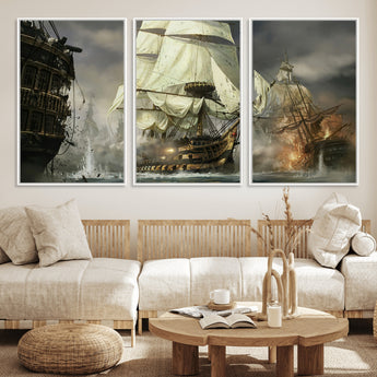 26512-MGV-FC-60X30-3P_White-Naval Battle Wall Art – Dramatic Tall Ship Canvas Print, Historic Pirate Sailing War Scene, Nautical Decor for Office, Study or
