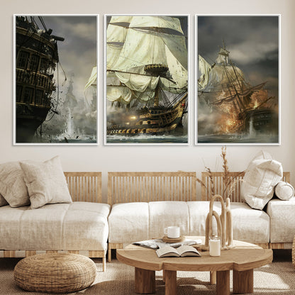 26512-MGV-FC-60X30-3P_White-Naval Battle Wall Art – Dramatic Tall Ship Canvas Print, Historic Pirate Sailing War Scene, Nautical Decor for Office, Study or