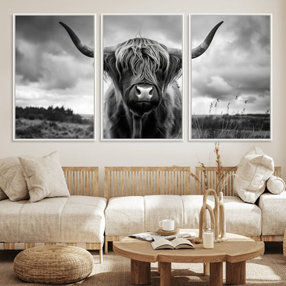 17924-MGV-FC-60X30-3P_White-Highland Cow Wall Art – Black and White Rustic Longhorn Cattle Canvas Print, Farmhouse Animal Photography Decor for Country Home