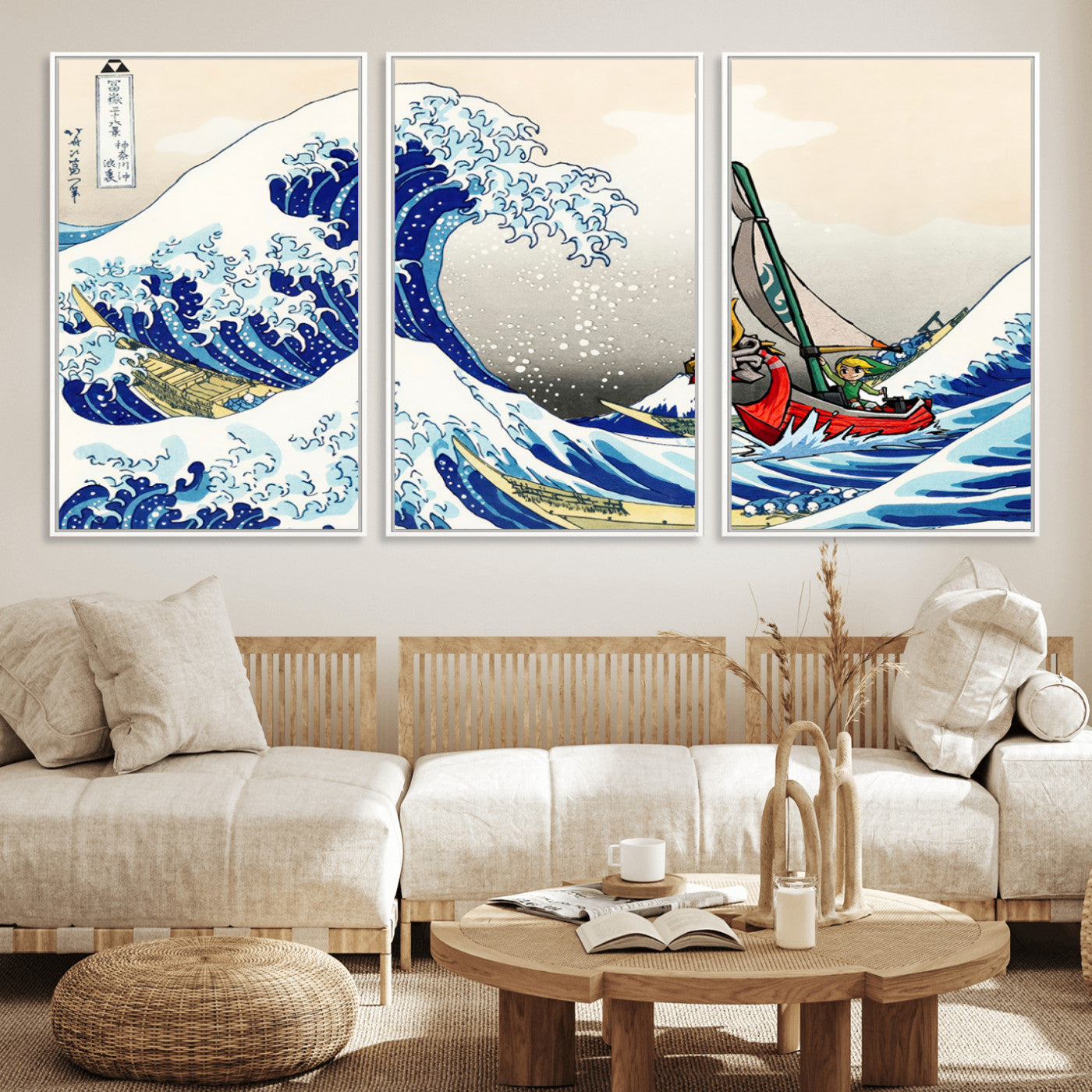 19450-MGV-FC-60X30-3P_White-Great Wave Adventure Wall Art – Japanese Style Ocean Canvas Print, Fantasy Sailing Decor for Living Room, Bedroom or Office