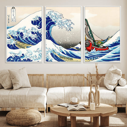 19450-MGV-FC-60X30-3P_White-Great Wave Adventure Wall Art – Japanese Style Ocean Canvas Print, Fantasy Sailing Decor for Living Room, Bedroom or Office