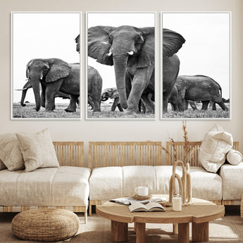 91685-MGV-FC-60X30-3P_White-Elephant Herd Wall Art – Black and White Safari Canvas Print, African Wildlife Photography Decor for Living Room, Office or
