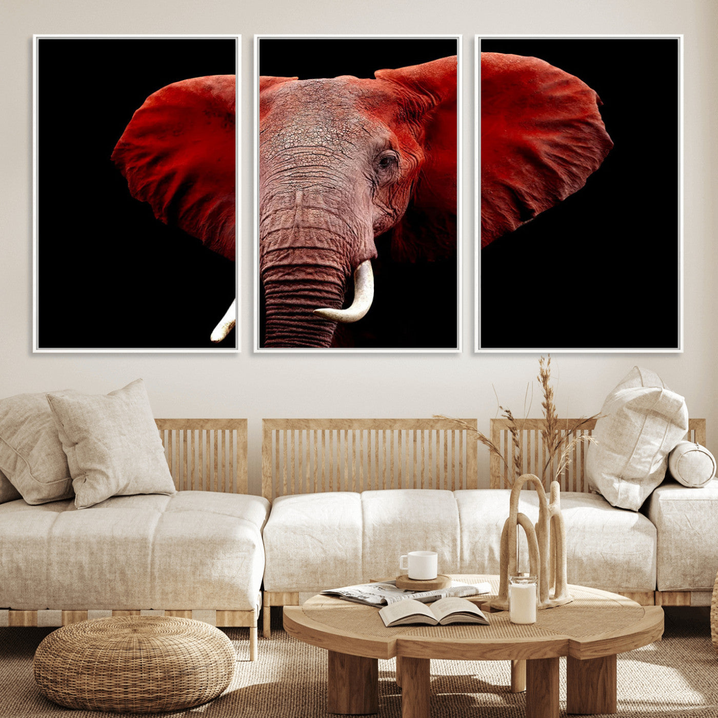 14788-MGV-FC-60X30-3P_White-Red Elephant Wall Art – Bold Wildlife Canvas Print, African Safari Animal Decor for Living Room, Bedroom or Office