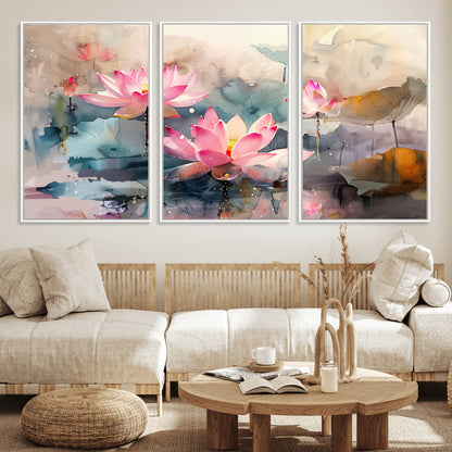 27936-MGV-CV-36X24-Lotus Pond Wall Art – Watercolor Pink Lotus Flowers Canvas Print, Tranquil Botanical Artwork for Bedroom, Living Room or