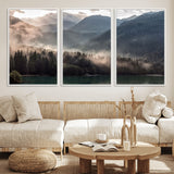 61116-MGV-FC-60X30-3P_White-Misty Mountain Lake Wall Art – Tranquil Foggy Forest and Lake Canvas Print, Scenic Nature Landscape Decor for Living Room or