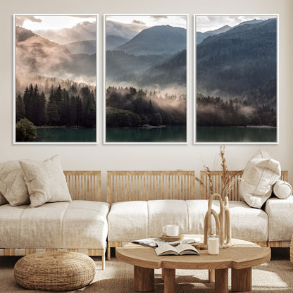 61116-MGV-FC-60X30-3P_White-Misty Mountain Lake Wall Art – Tranquil Foggy Forest and Lake Canvas Print, Scenic Nature Landscape Decor for Living Room or