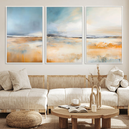 92764-MGV-FC-60X30-3P_White-Abstract Landscape Wall Art – Modern Blue and Orange Canvas Print, Large Minimalist Painting for Living Room, Bedroom, Office or