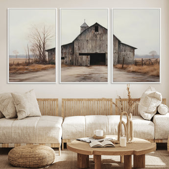 11602-MGV-FC-60X30-3P_White-Old Barn Wall Art Canvas Print, Framed Rustic Barn Art Picture Print, Old Farmhouse Perfect Rustic Farmhouse Decor Artwork