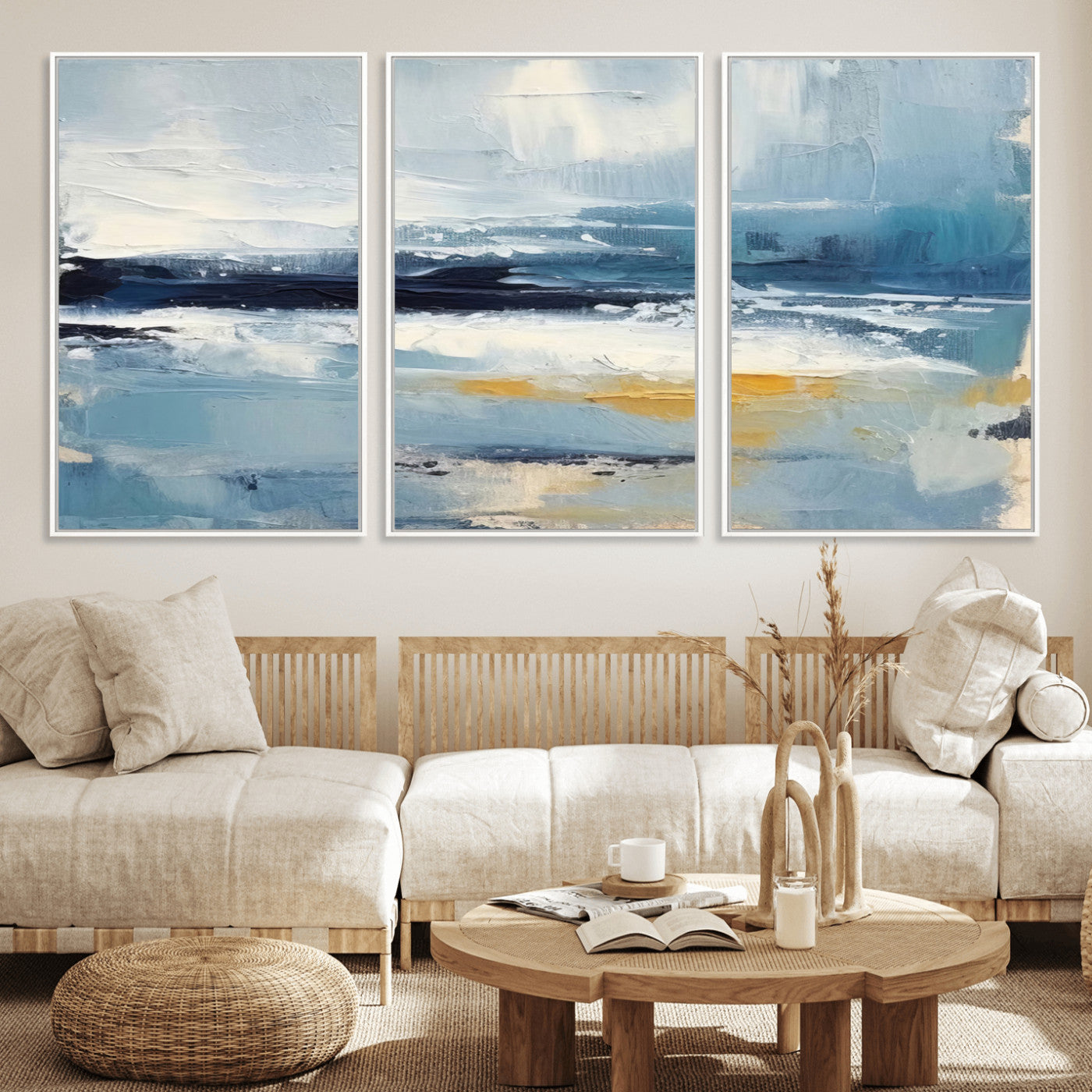 19746-MGV-FC-60X30-3P_White-Abstract Ocean Wall Art – Modern Coastal Canvas Print with Blue, White and Gold Textures, Contemporary Seascape Painting for