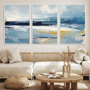 19746-MGV-FC-60X30-3P_White-Abstract Ocean Wall Art – Modern Coastal Canvas Print with Blue, White and Gold Textures, Contemporary Seascape Painting for