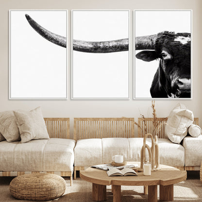 31699-MGV-FC-60X30-3P_White-Longhorn Wall Art – Black and White Texas Longhorn Cow Canvas Print, Rustic Western Farmhouse Artwork for Living Room, Bedroom or