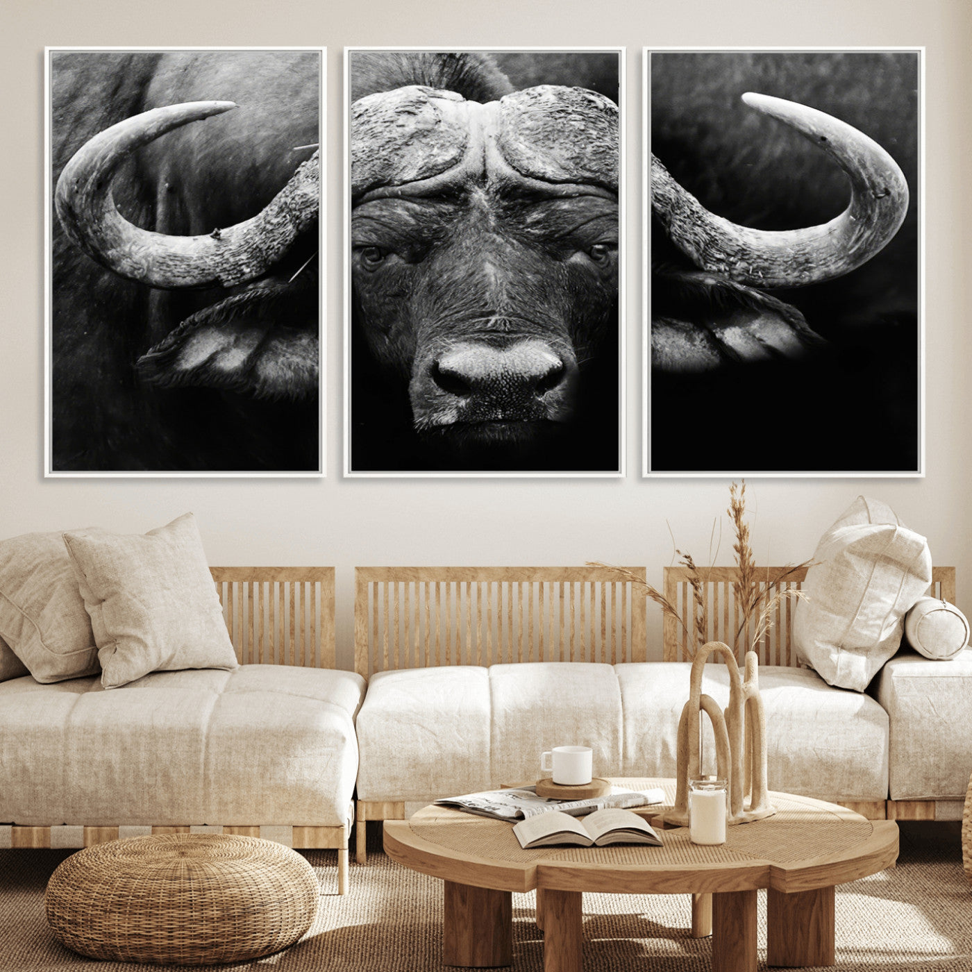 75273-MGV-FC-60X30-3P_White-Buffalo Wall Art – Black and White African Buffalo Canvas Print, Rustic Wildlife Animal Artwork for Farmhouse, Living Room,